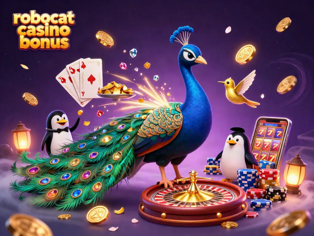 Engage with the robocat casino bonus while enjoying vibrant casino elements in a 3D colorful scene.