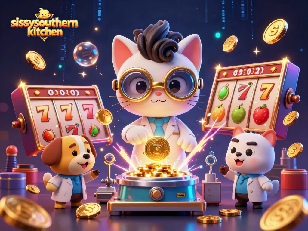 Sissyssouthernkitchen showcases a 3D illustration of casino elements with a mad scientist cat and a dog assistant.
