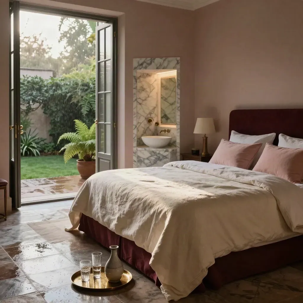 Suite con cama king, cojines rosa empolvado, patio abierto y luz de amanecer tras la lluvia.