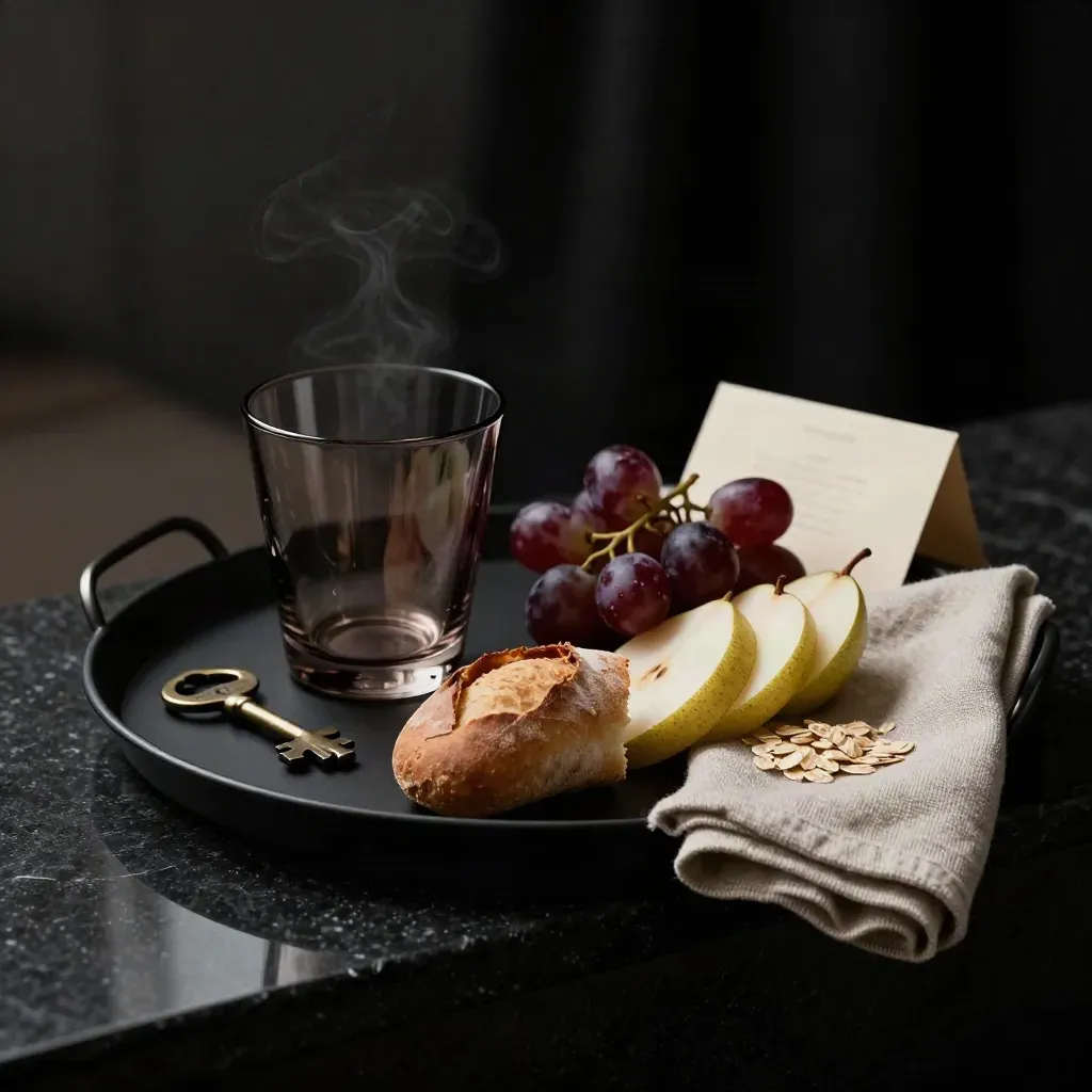 Bandeja nocturna con copa ahumada, pan, fruta, servilleta y llave sobre piedra oscura.