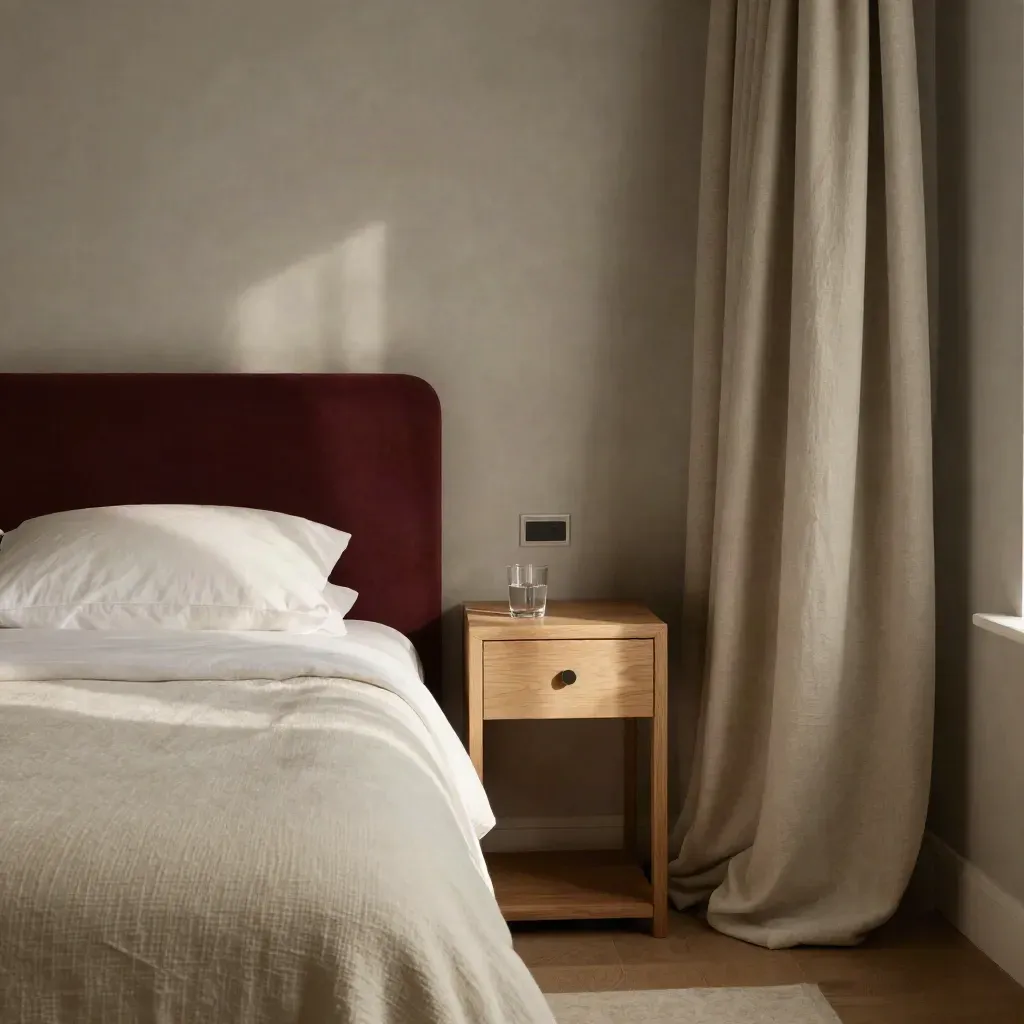Habitación elegante con cama vestida, mesita de madera, vaso de agua y cortina neutra.