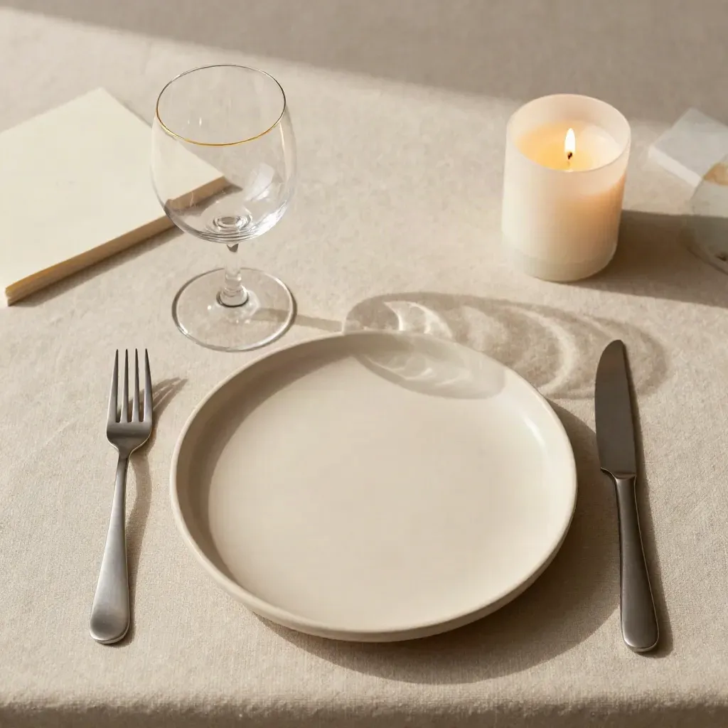 Vista cenital de mesa privada con copa, plato, cubiertos y vela sobre lino marfil.