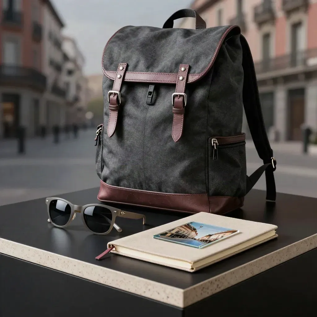 Mochila de tela, gafas y cuaderno sobre base negra con reflejo urbano y luz dramática.