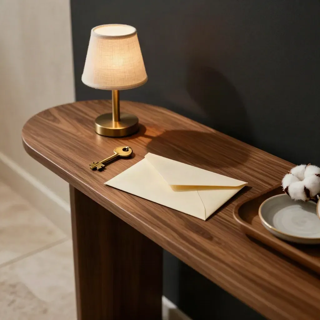 Consola de check-in privada con llave, sobre crema y lámpara suave en un ambiente elegante.