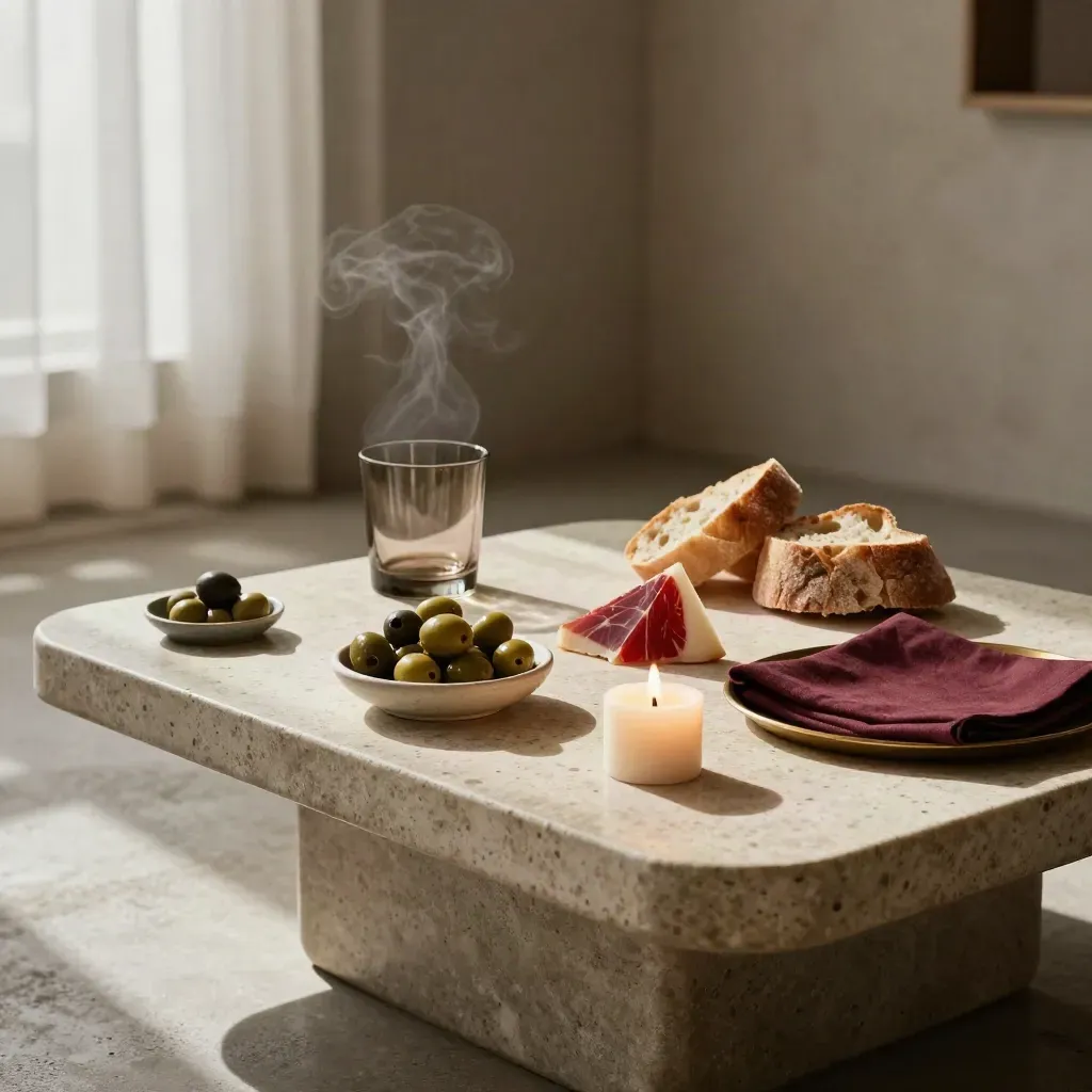 Aperitivo privado sobre mesa baja con aceitunas, queso, pan, vela y copa opaca en tonos cálidos.