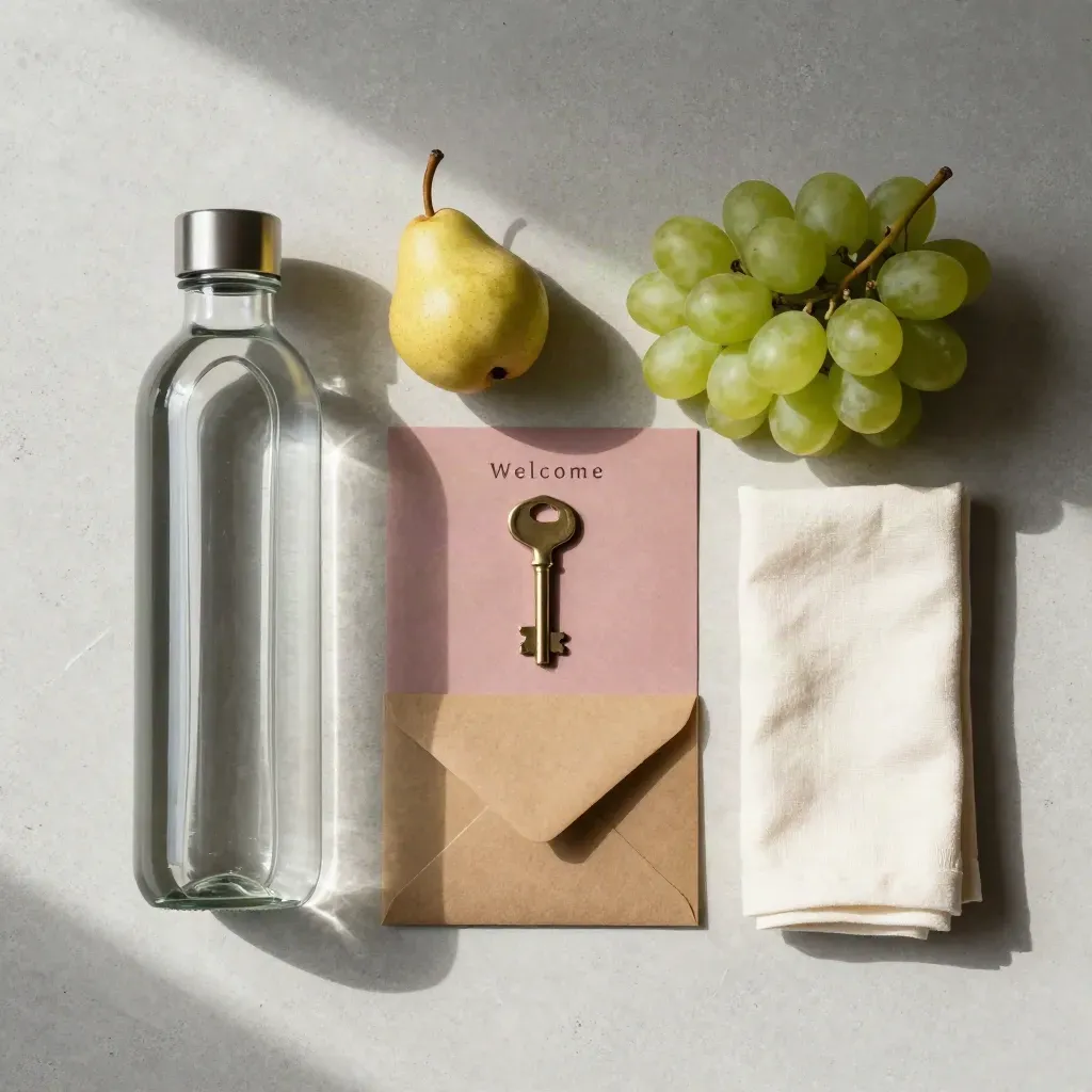 Pack de bienvenida con agua, fruta, paño y llave sobre piedra clara, vista cenital.