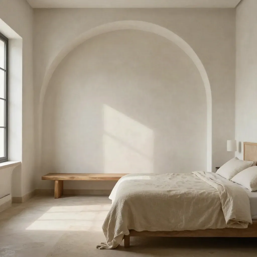 Dormitorio mediterráneo luminoso con cama de lino crema, arco y ventana alta.
