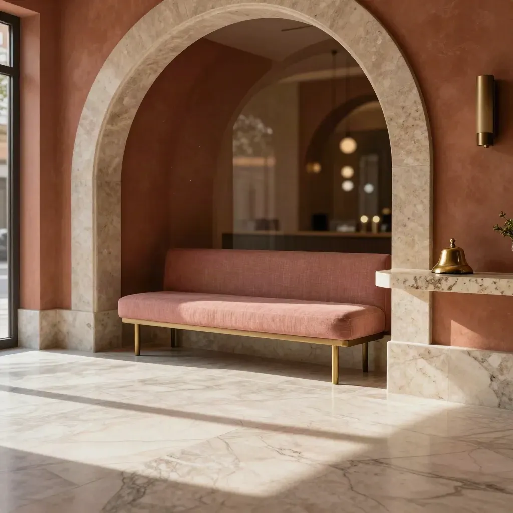 Vestíbulo concierge con mármol, arco de piedra y banco rosa empolvado.