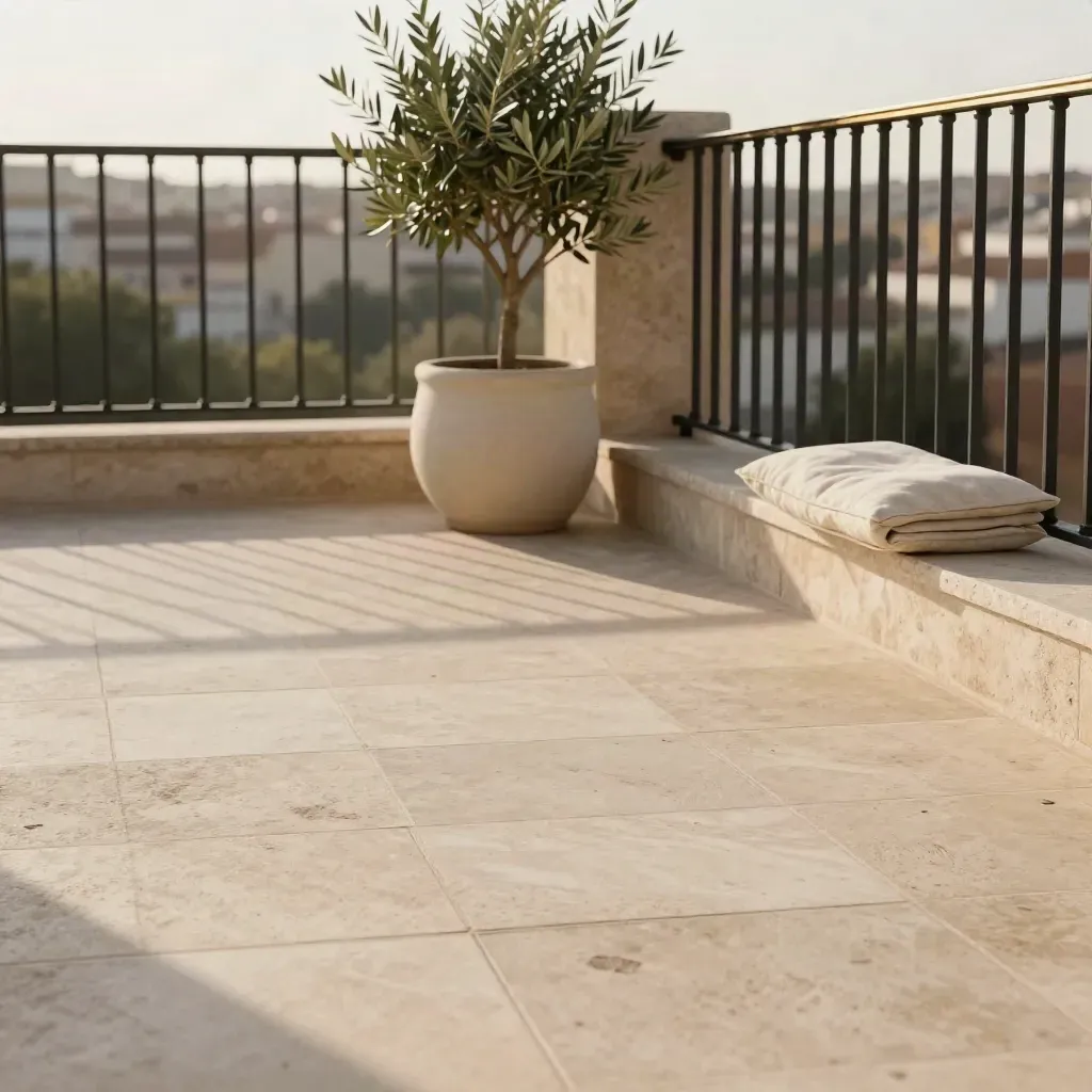 Terraza de piedra clara con maceta pequeña y baranda de hierro, luz dorada de tarde.