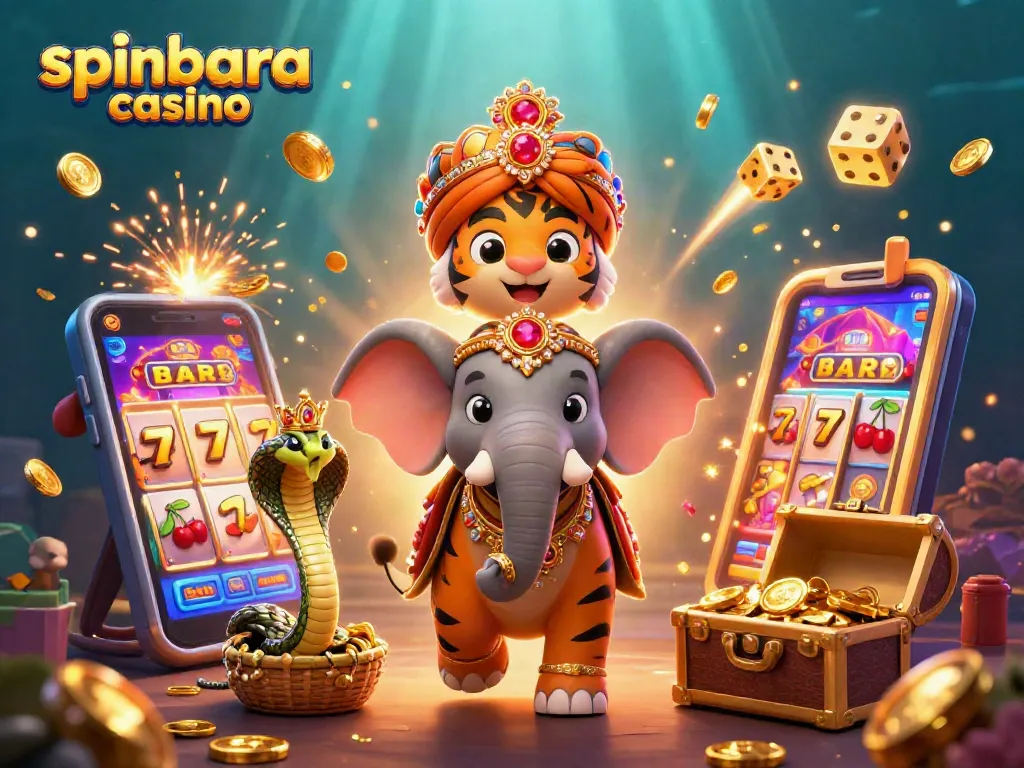 Experience the excitement of spinbara casino with a vibrant 3D illustration of thrilling games and lucky symbols.